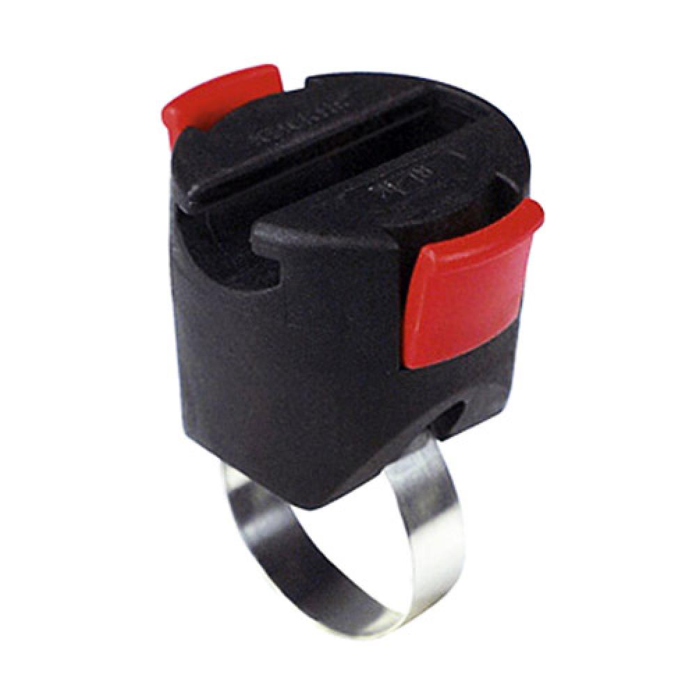 KLICKfix Asista Miniadapter Seilschloss, schwarzer Fahrradhalter mit roten Tasten und Metallband.