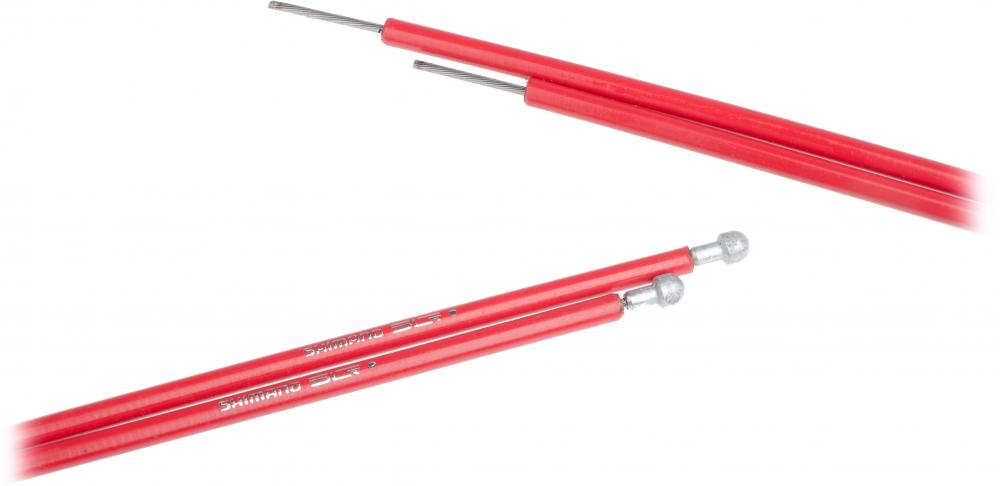Rotes SHIMANO Bremszug-Set Road SIL-TEC mit blanken und befestigten Kabelenden.