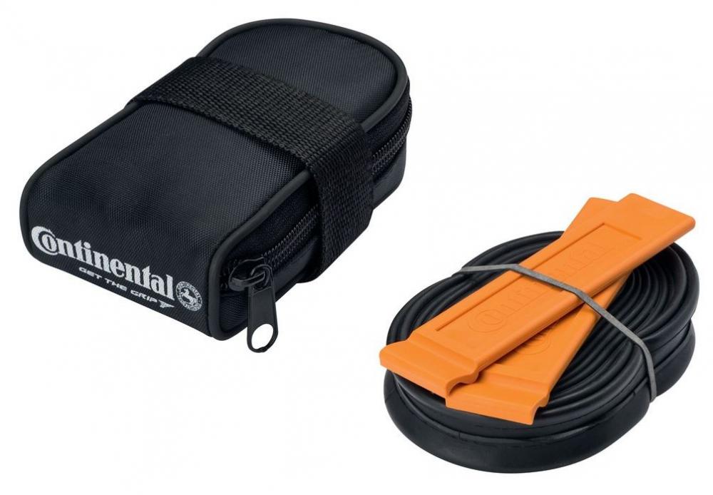 Continental Schlauchtasche RACE 28 Set mit schwarzem Fahrradschlauch SV 42mm und zwei orangefarbenen Reifenhebern.