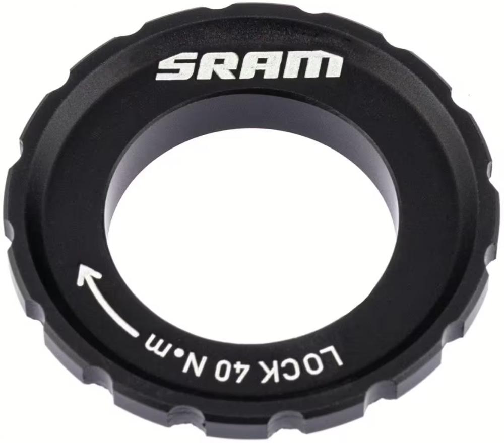 SRAM Centerlockring schwarz für sicheren Halt von Centerlock-Bremsscheiben, 40 N•m Drehmomentangabe sichtbar.