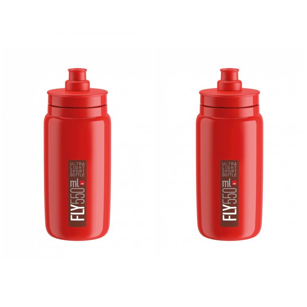 Zwei bordeauxrote Elite Fly 550ml Trinkflaschen für Fahrräder.