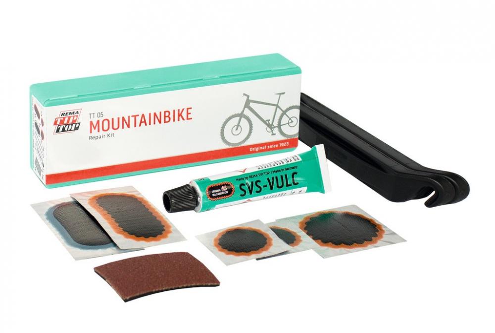 Rema Tip Top Flickzeug TT05 Mountainbike Reparaturset mit Flicken, Vulkanisierflüssigkeit und Reifenhebern.