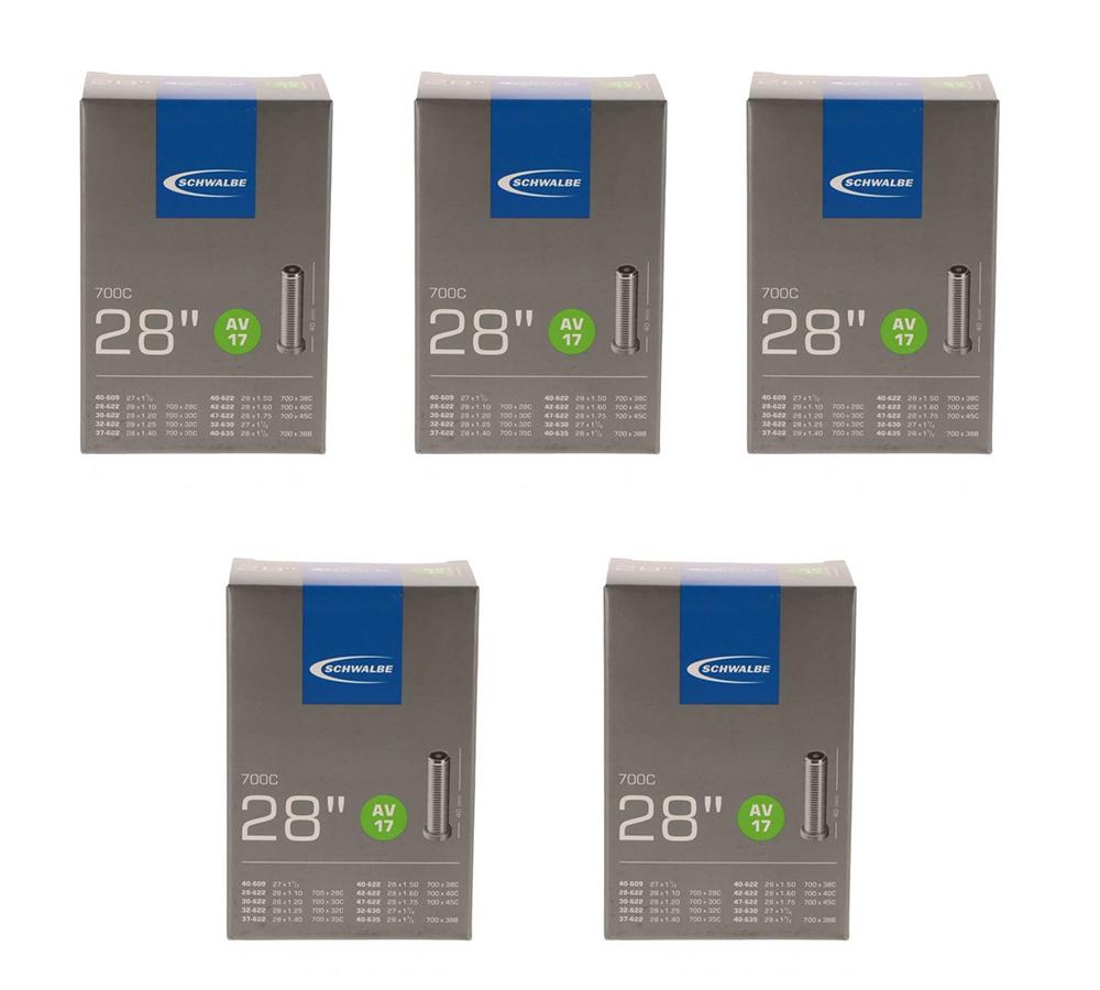 5x Schwalbe Schlauch AV17 28 Zoll, 28/47-622, 40mm Autoventil, fünf Packungen in der Produktansicht.