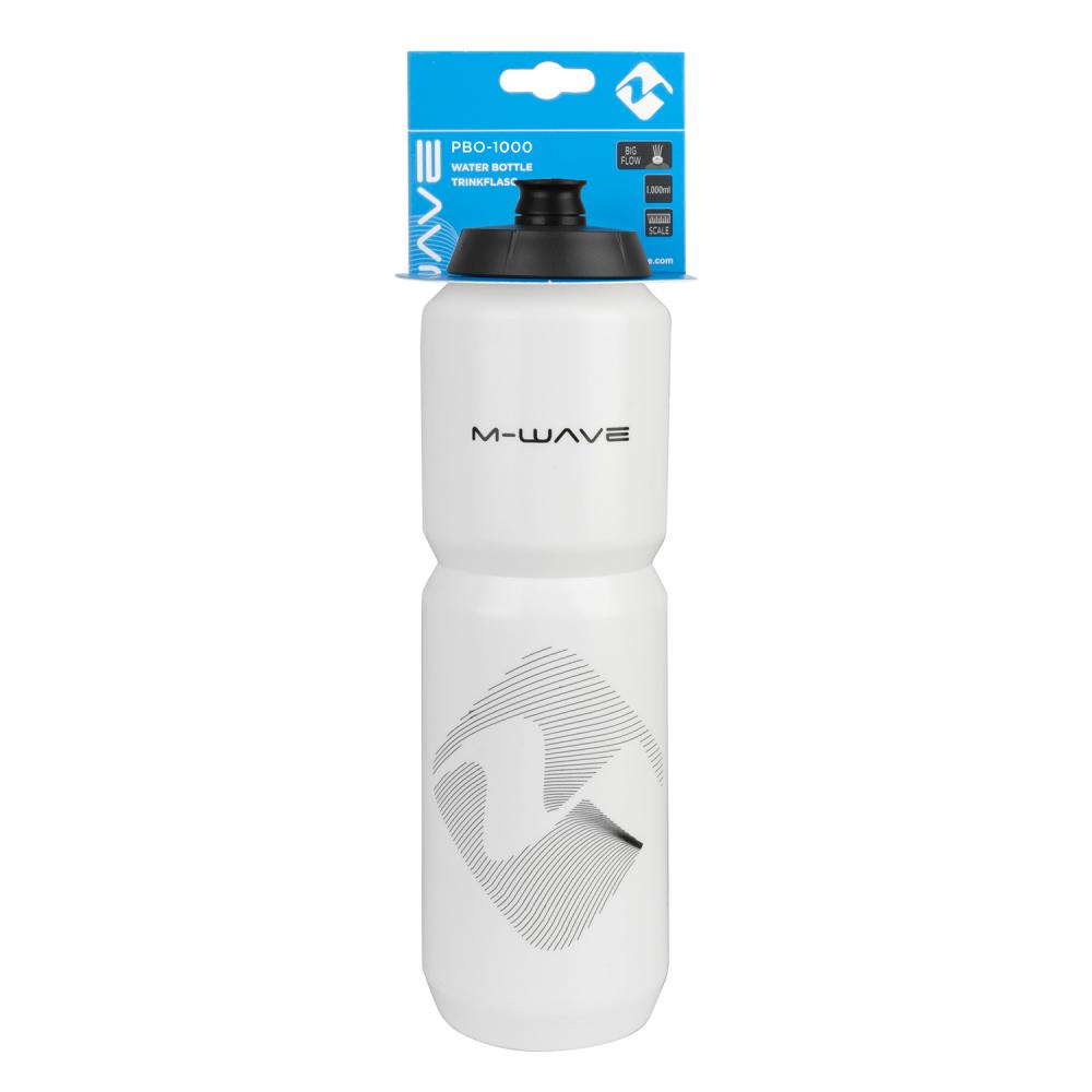 M-WAVE Trinkflasche PBO 1000, 1000 ml, Kunststoff, weiß/schwarz, mit Big-Flow-Mundstück & Skala, ideal für Radsport