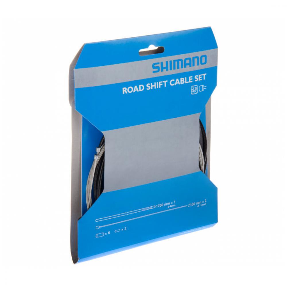 Blau-graue Verpackung eines Shimano 1x Schaltzugsets Road aus Stahl mit sichtbaren Zügen und Endkappen.