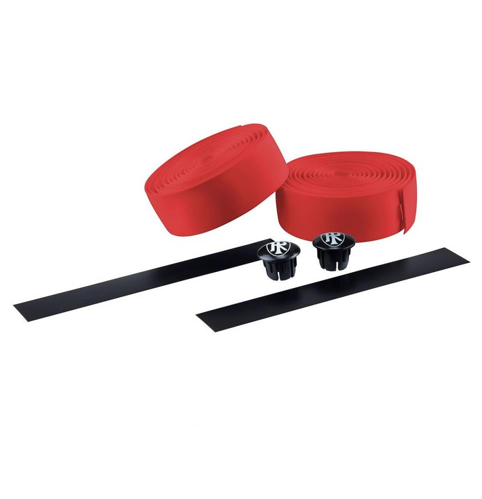 Zwei Rollen rotes Ritchey EVA Lenkerband 180cm, 2.5mm, mit schwarzen Endstopfen (R-Logo) und Klebestreifen.