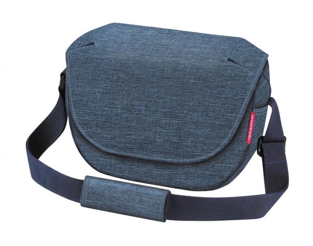Blau melierte Asista KLICKfix Funbag Twist Lenkertasche mit Schultergurt.