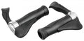 Zwei Ergotec Multiflex Fahrradgriffe AKSB-10/3, ergonomisches Griffgummi in Schwarz-Silber auf weißem Hintergrund.