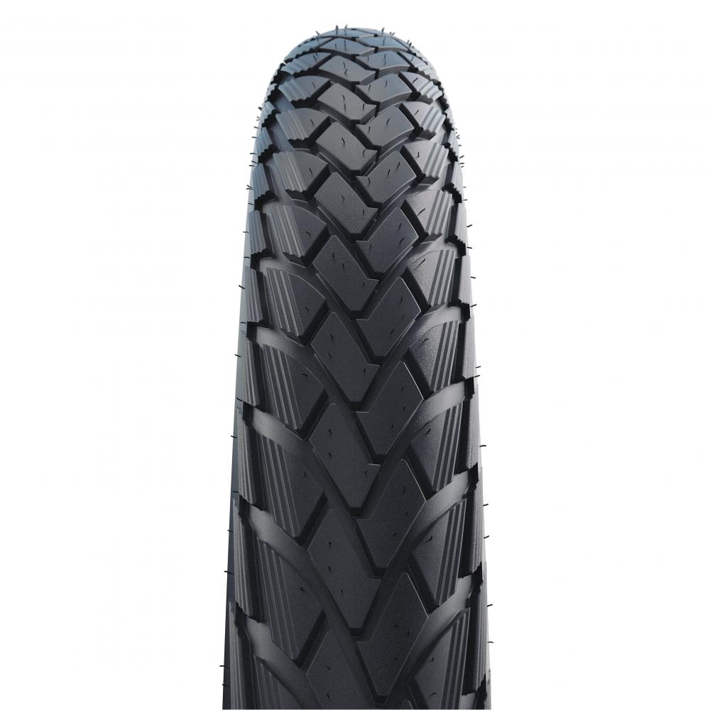 Schwarzer Schwalbe Marathon City/E-Bike Reifen (27,5x1,7 Zoll) mit pannensicherem GreenGuard Profil.