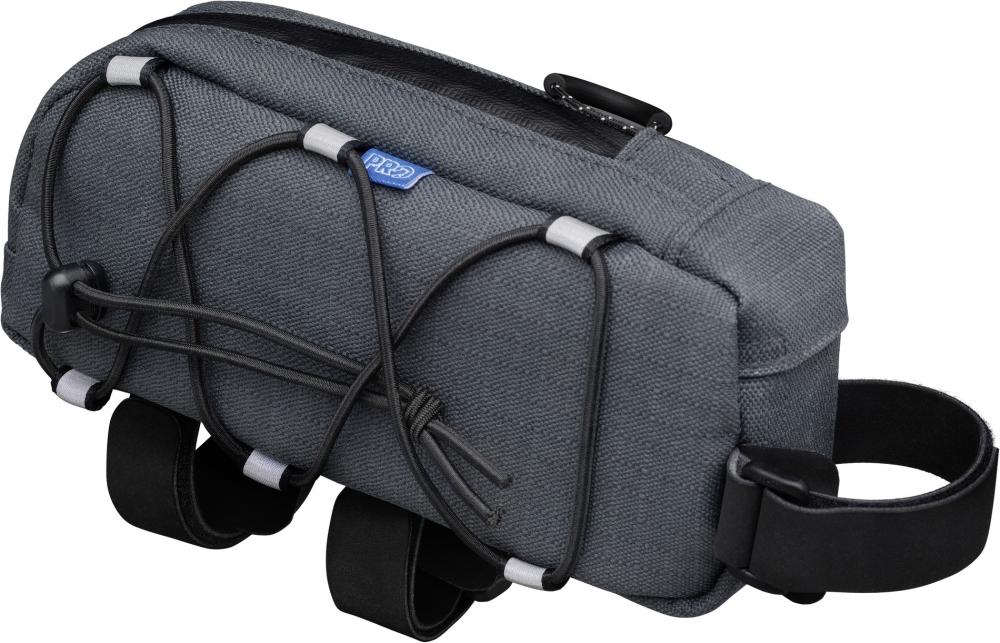 PRO Discover Oberrohrtasche 0,75l, wasserdichte Bikepacking-Tasche in Grau mit elastischem Kordelzug.