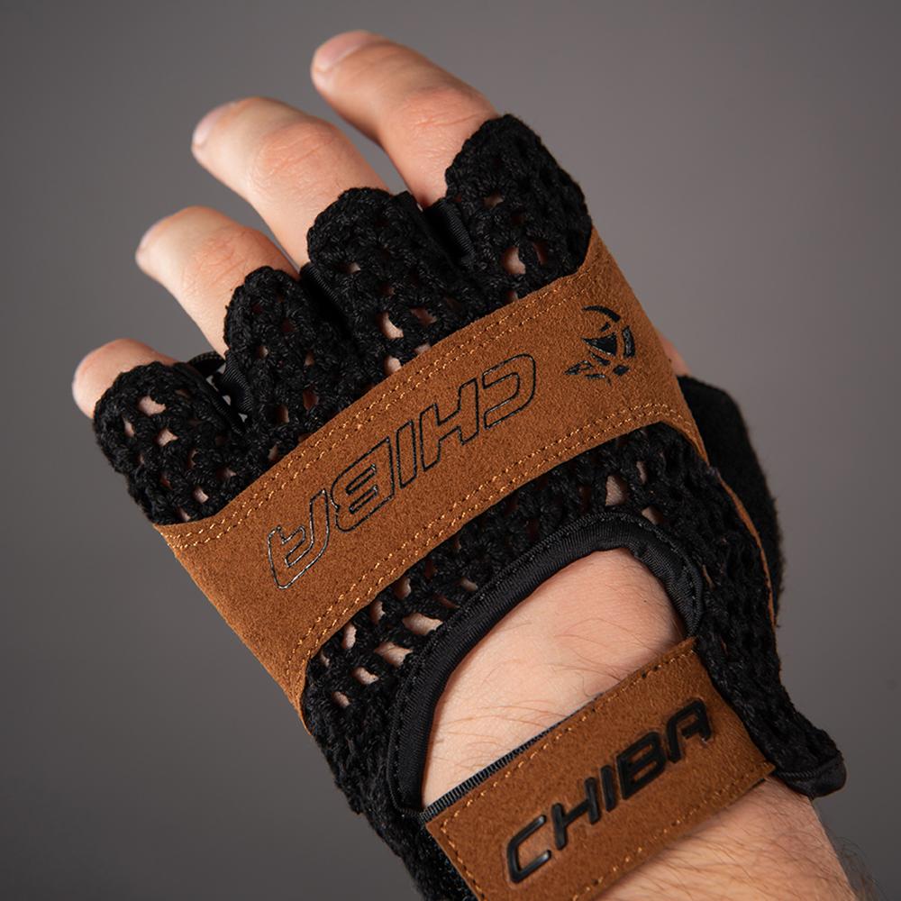 CHIBA Retro Kurzfinger-Radhandschuhe in Schwarz-Braun, atmungsaktiv.
