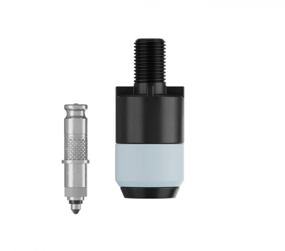 Schwalbe CLIK VALVE DV-SCV Umrüstset bestehend aus silbernem Ventileinsatz und schwarzem Klick-Pumpenadapter.