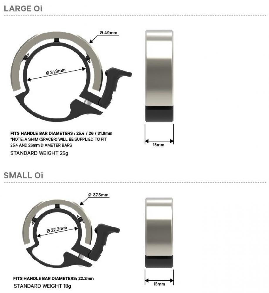 Knog Fahrradklingel Oi Classic klein 22.2mm silber, technische Zeichnung mit Maßen und Gewicht.