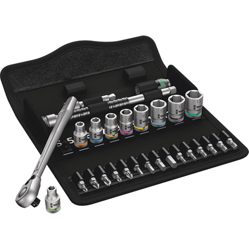 Wera 8100 SA 8 Zyklop Metall-Knarrensatz 1/4" metrisch 28-teilig mit Ratschen, Nüssen und Bits in schwarzer Tasche.