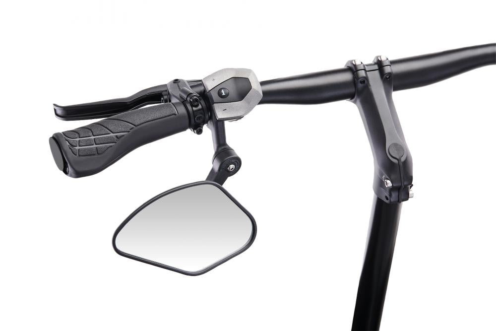 Krampe Fahrradspiegel KF Sport Typ C links, schwarz, mit kleiner Außenklemmung am Fahrradlenker.