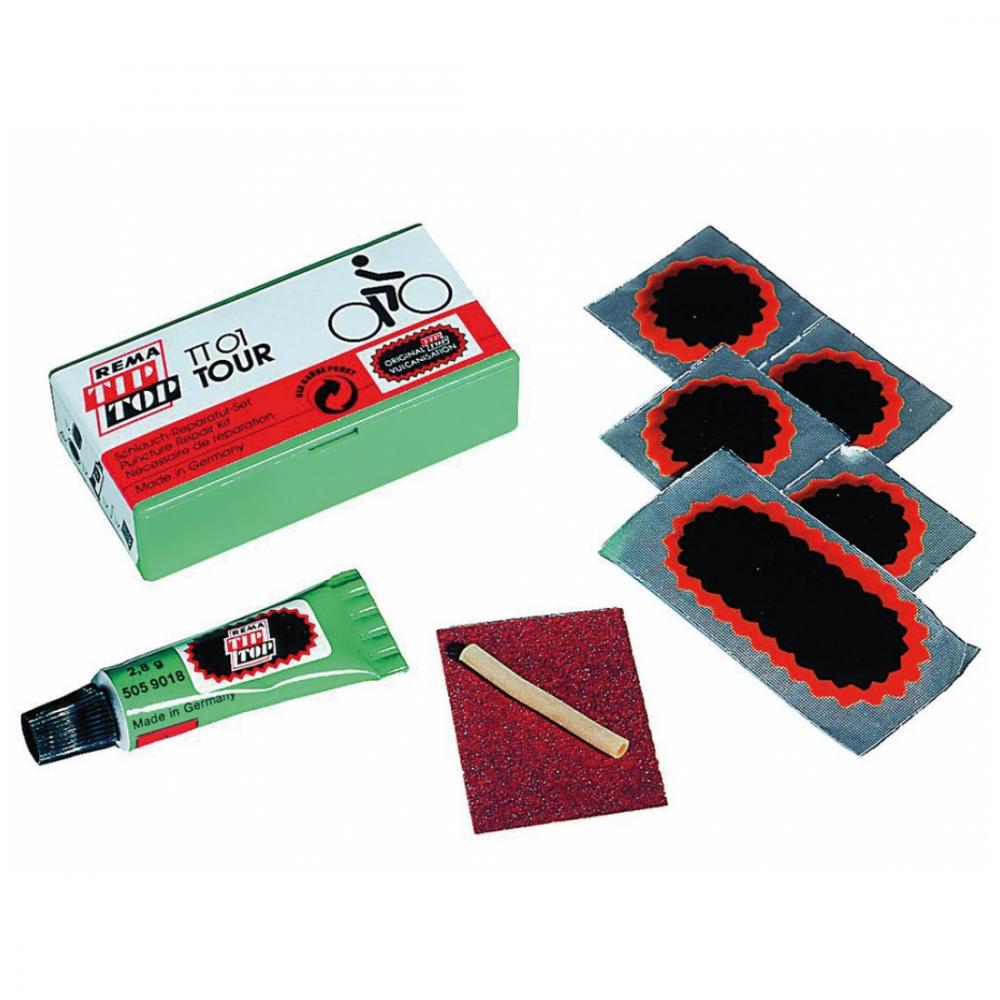 Rema Tip-Top TT01 Fahrrad Reparaturset mit Flicken, Kleber und Sandpapier zur Schlauchreparatur.