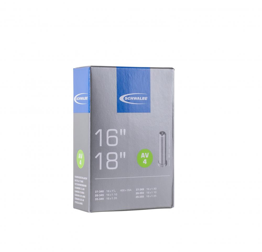 Schwalbe Fahrradschlauch AV4 für 16 und 18 Zoll Räder, passend für 1 1/8 bis 1 3/8 Zoll Reifenbreite.