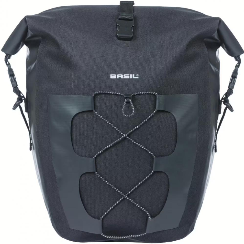 Basil Navigator Waterproof L MIK Studs - Einzelfahrradtasche 22 l, schwarz (Tarpaulin + 600D Polyester, wasserdicht IPX3, Rollverschluss, reflektierendes Gummiband)