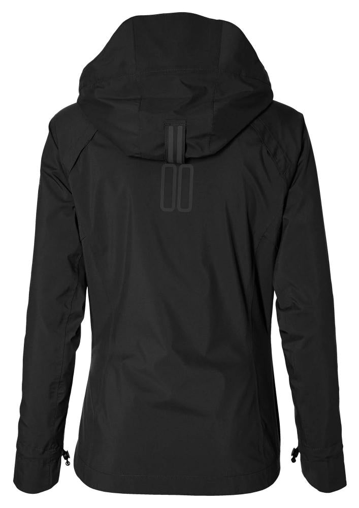 Basil Skane Damen Regenjacke schwarz, wasserdicht & atmungsaktiv, tailliert, reflektierende Details, Rückansicht.