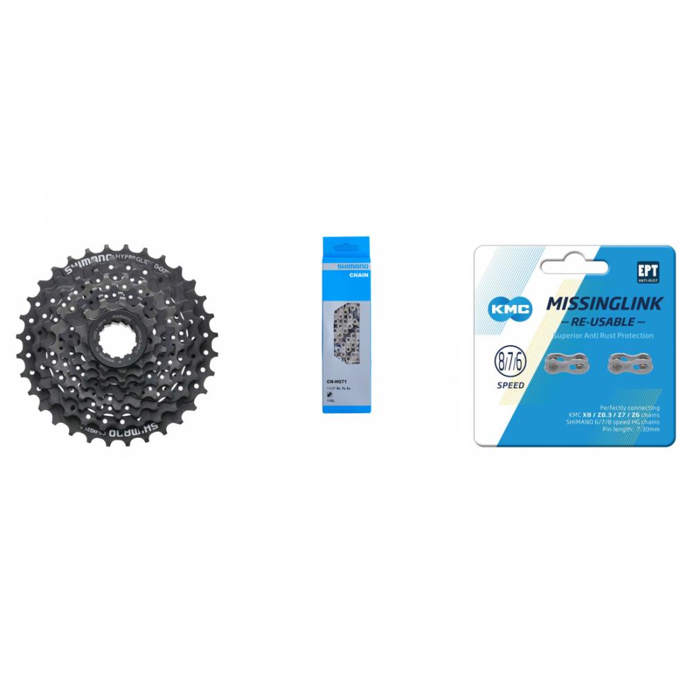 Shimano Antriebsset: CS-HG31 8-fach Kassette (11-32T), CN-HG71 Kette & KMC MissingLink für 8-Gang Fahrräder.