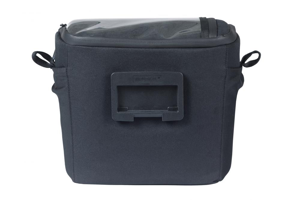 Schwarze Basil Move KF Lenkertasche, wasserabweisend, mit Smartphone-Fach und KlickFix Halterung.