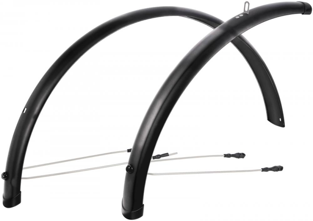 CONTEC Radschutzgarnitur "Splash Protect"nKunststoff, ohne KontaktierungnSB-verpackt, mit Single Clip Befestigung und 3,4mm schwarz gepulverten Stahlstreben, Vorderrad mit Mini Clip XL Sicherheitssystem, 28" - 58mm breit, schwarz glänzend