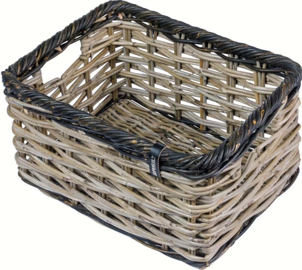 Basil Dijon L Vorderradkorb, handgeflochten aus grau-schwarzem Rattan für Fahrräder.