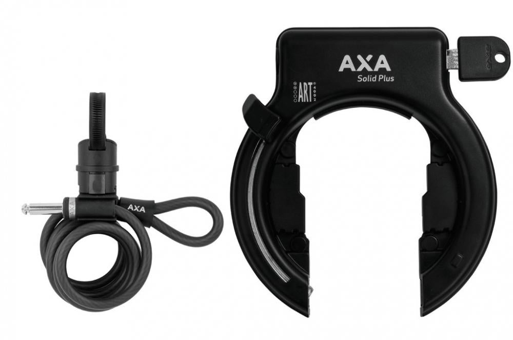Schwarzes Axa Solid Plus Rahmenschloss und passendes Newton PL150 Spiralschloss für Fahrräder.