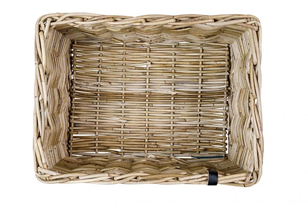 Basil Dax L Vorderradkorb aus grauem Rattan, handgeflochten, 35x47x27 cm, Draufsicht ohne Deckel.