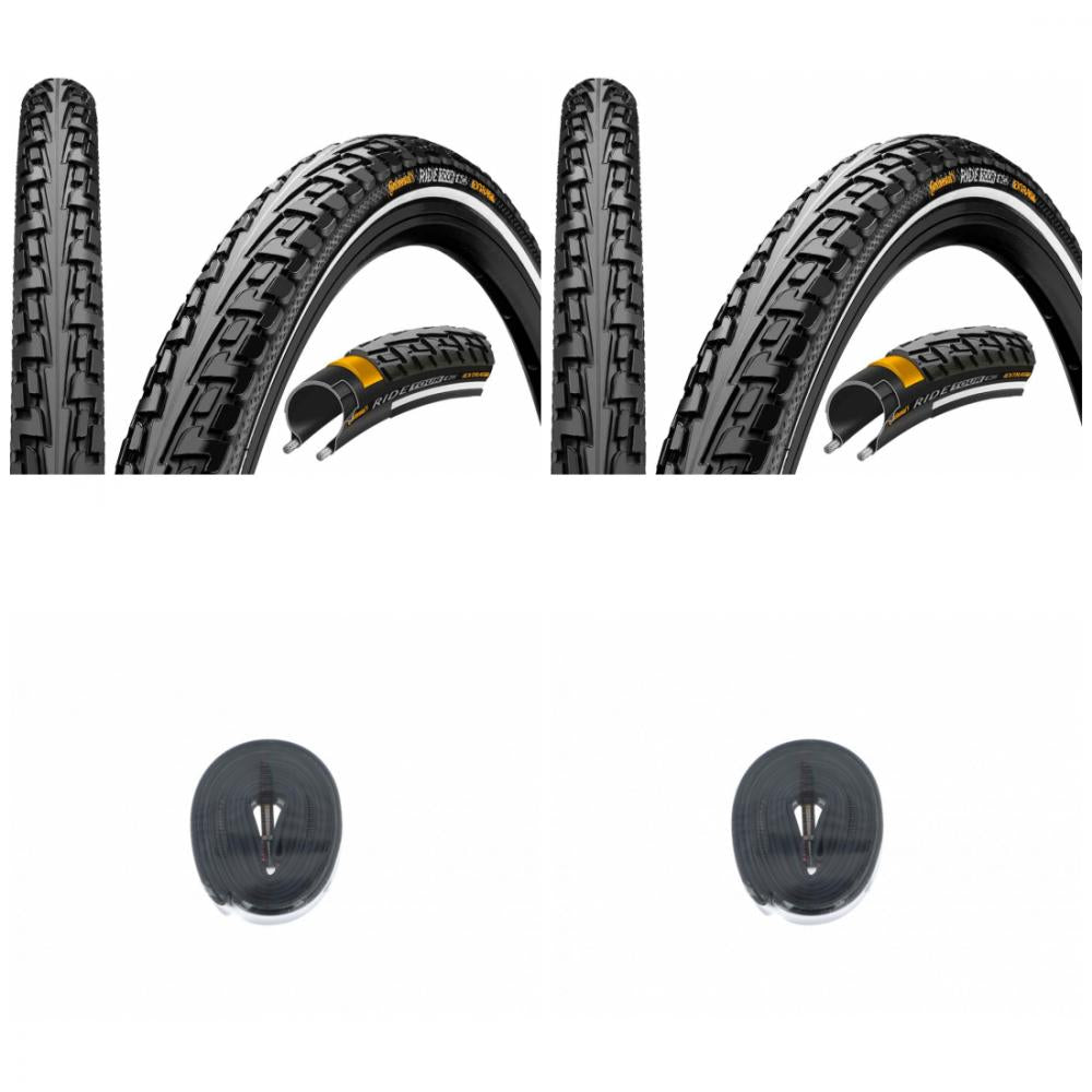 Zwei Continental RideTour 28x1.75 Fahrradreifen und zwei Schwalbe DV17 40mm Fahrradschläuche.