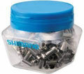 Shimano 200 Stahl-Endkappen für Bremszugaußenhüllen im Behälter, saubere und langlebige Zugabschlüsse.