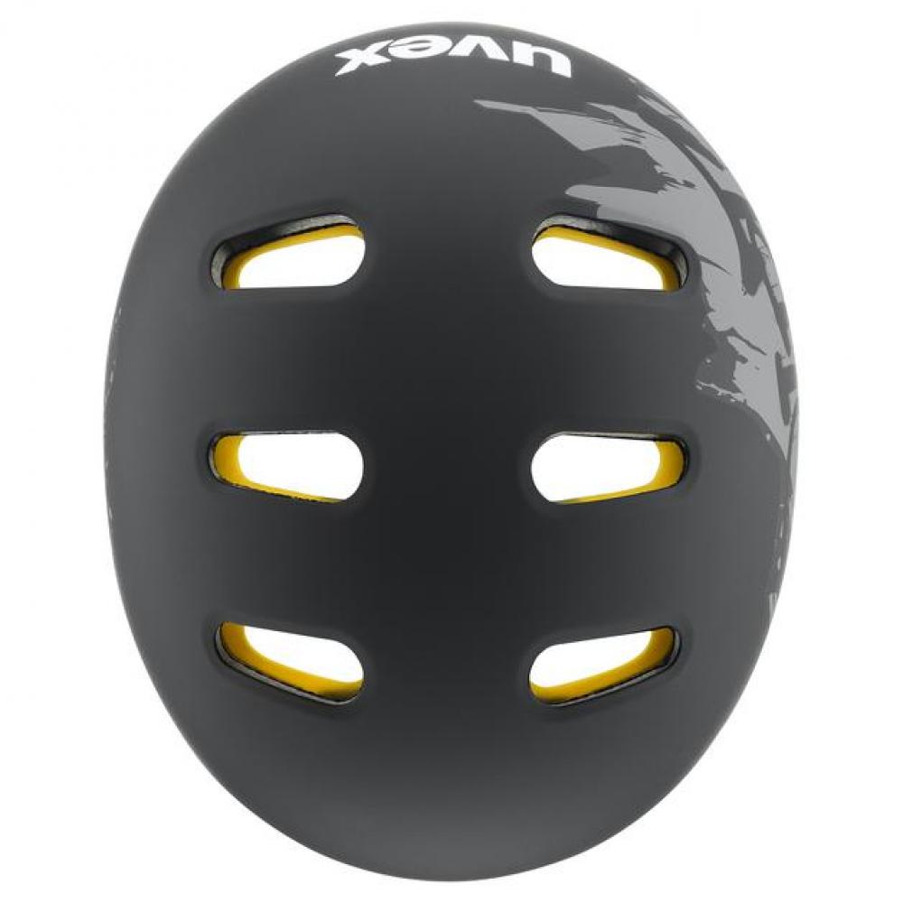uvex kid 4 style MIPS Kinderhelm in Dirt Black Matt mit Belüftungsschlitzen und gelben Akzenten.