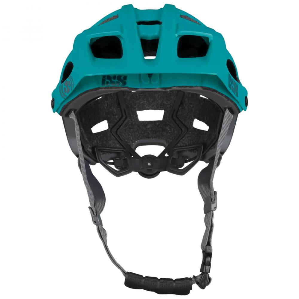 Vorderansicht des iXS Trail EVO All-Mountain-Helms in Lagoon mit Innenpolsterung und verstellbarem Riemensystem.