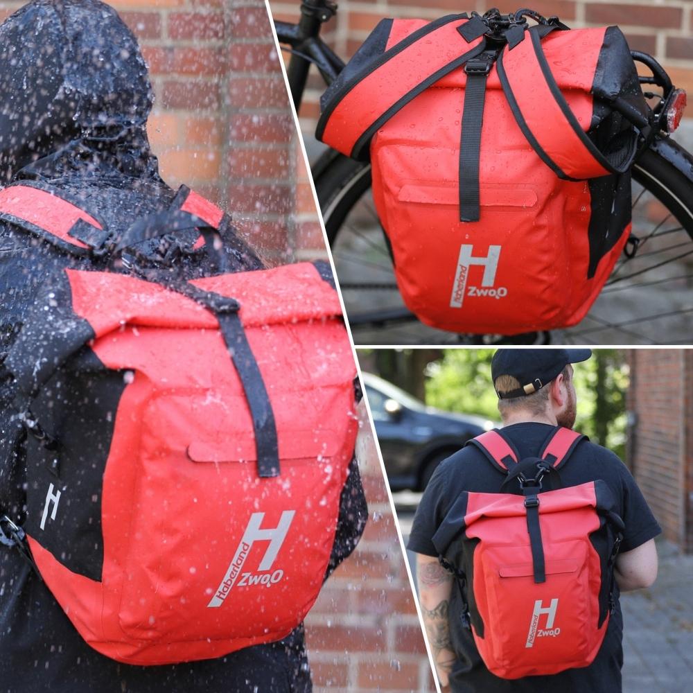 Haberland Bike-Rucksack H2O schwarz/rot - wasserdichte Gepäckträgertasche mit Tragesystem
