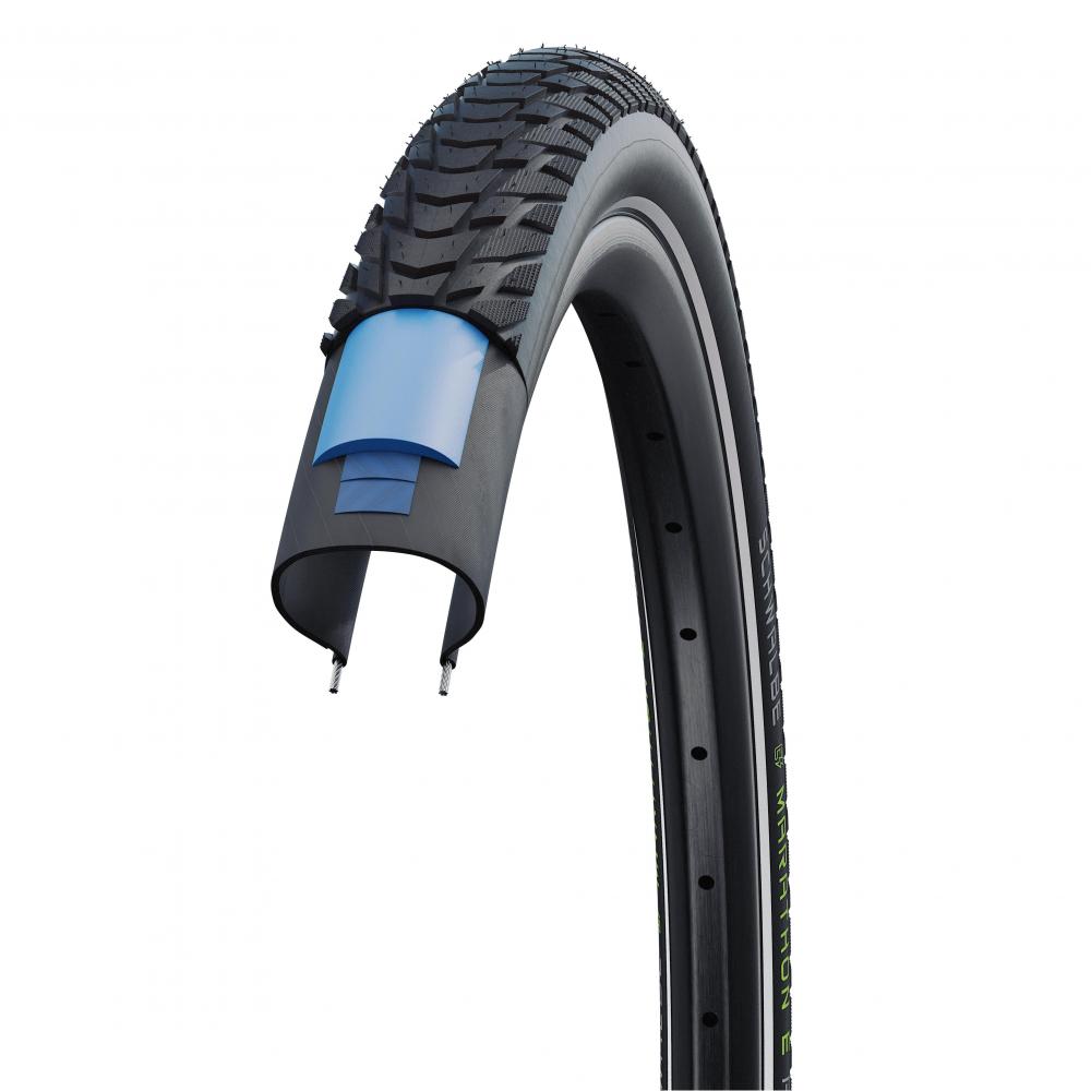 Schwalbe Marathon E-Plus Fahrradreifen schwarz, Querschnitt mit Pannenschutz und Reflexstreifen, E-50 E-Bike.