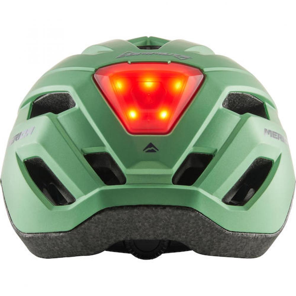 Merida Commute Helm grün, leichter City-Helm mit hellem LED-Rücklicht, 58-62 cm.