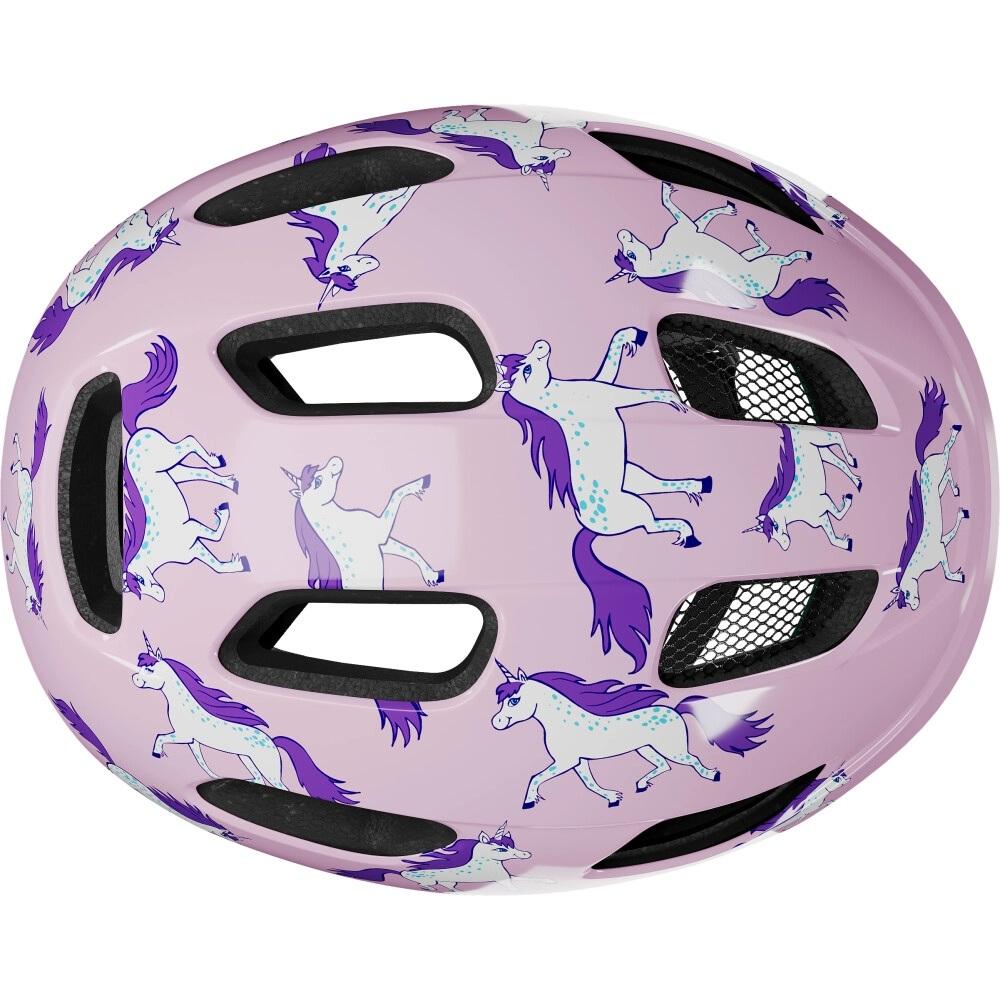 Draufsicht auf den rosa Lazer Nutz 2.0 KinetiCore Kinderhelm mit lila Einhornmuster und Belüftungsöffnungen.