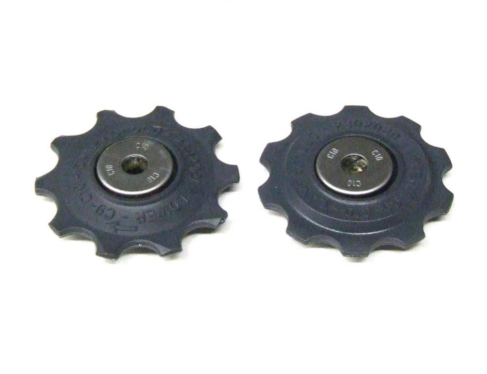 Zwei schwarze Campagnolo Record 10-fach Schaltwerkrollen, Set RD-RE700, 8,4mm Breite, mit C10 Markierung.