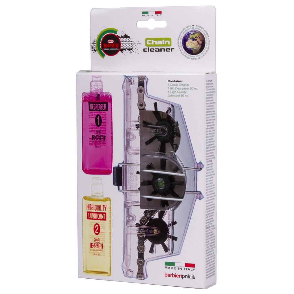 Fahrrad Kettenreinigungsgerät 300006 Set mit Reiniger und Messingschlager in der Originalverpackung von Barbieri PNK.