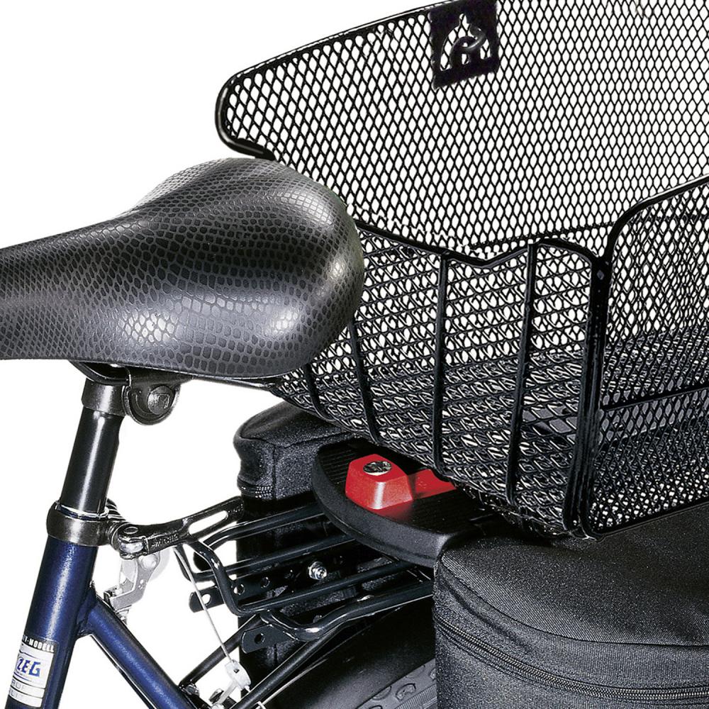 KLICKfix Hinterradkorb City-Max mit KorbKlip-Halterung am Fahrradgepäckträger montiert, engmaschig und schwarz.