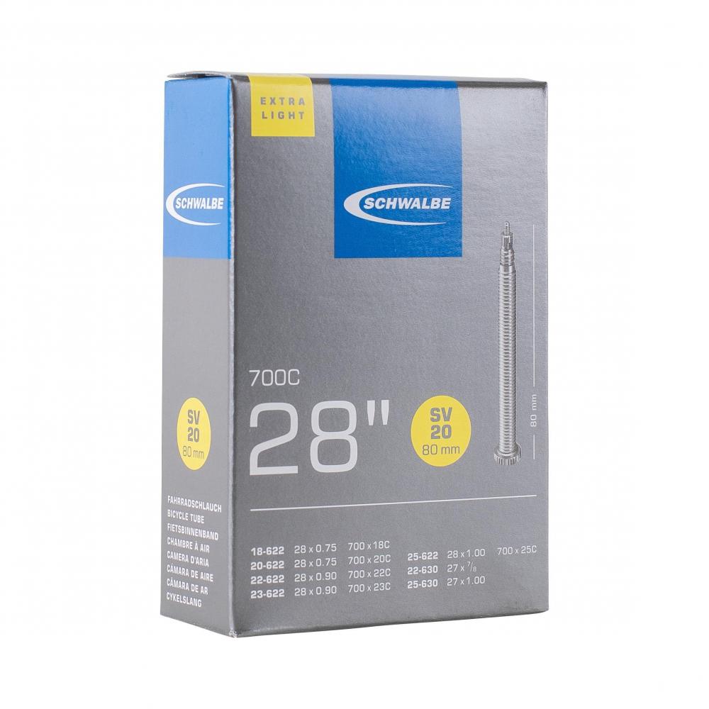 Schwalbe SV20 extra leichter Fahrradschlauch für 28 Zoll / 700C Reifen, 18-25mm, 80mm Sclaverandventil.
