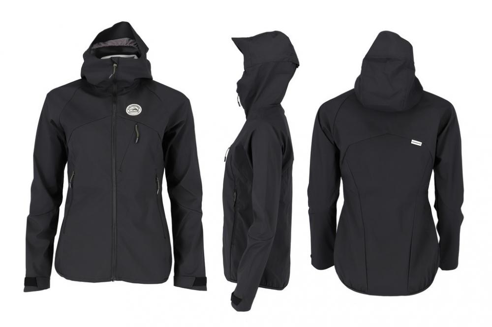 Haibike Maloja Spitzstein Damen Softshell Jacke in Schwarz, Größe M, von vorne, Seite und hinten.