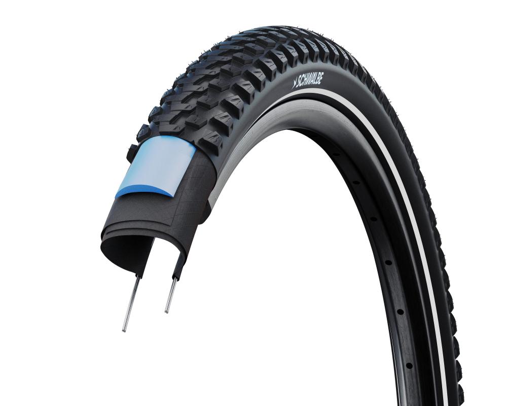 Schwalbe Marathon Plus MTB Drahtreifen 54-559 Schwarz mit unplattbarer Pannenschutzschicht im Querschnitt.