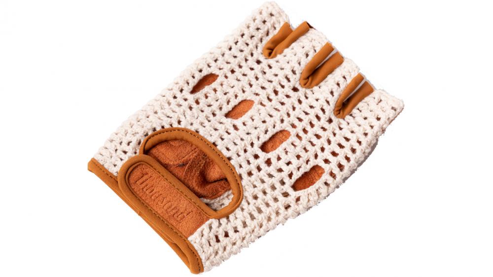 Thousand Little 5 Fahrradhandschuhe Crème, Kurzfinger, Größe S, Vintage-Retro-Design, gehäkelte Baumwolle, veganes Amara-Wildleder, gepolstert, atmungsaktiv