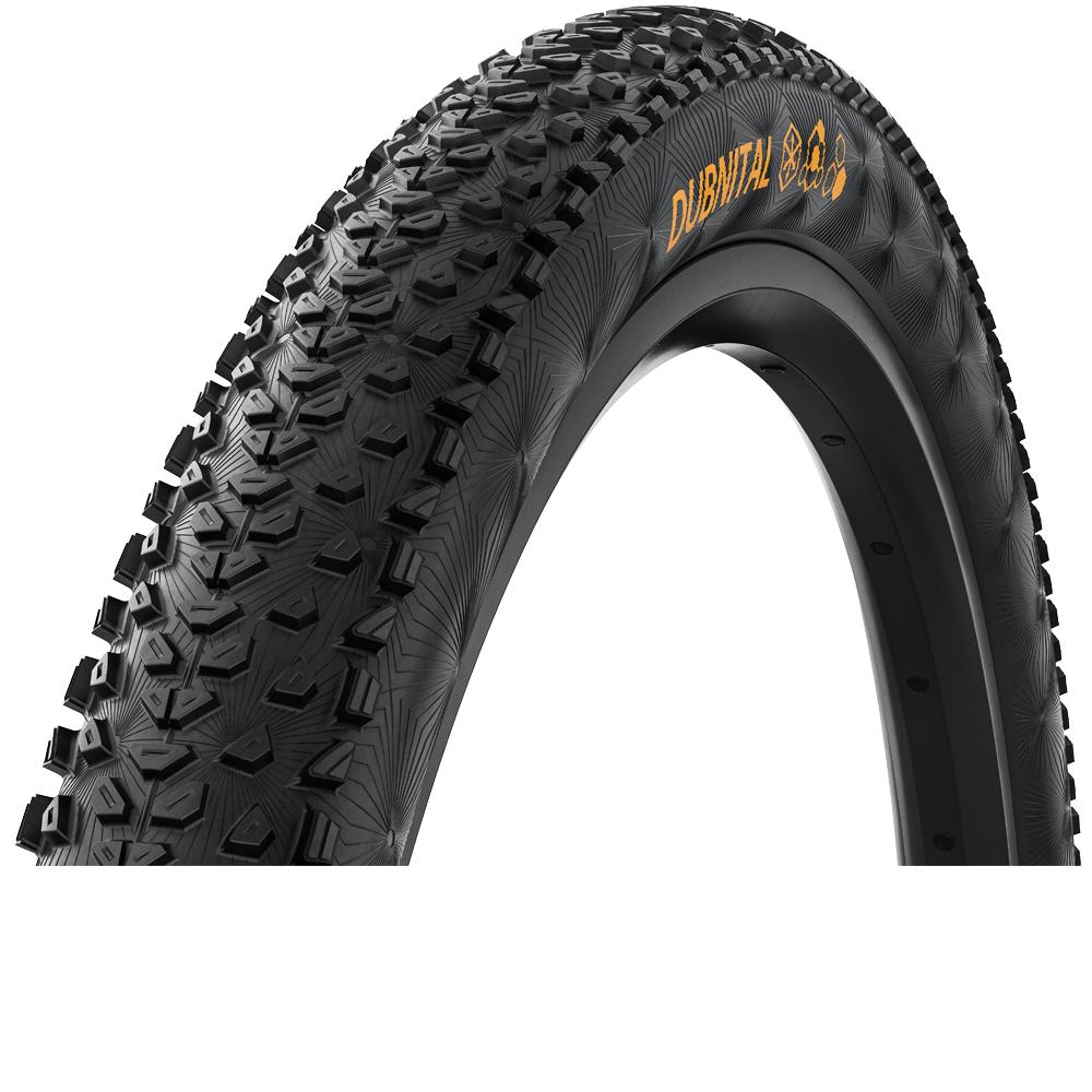 Continental Dubnital Trail Rapid MTB-Faltreifen (27,5") Tubeless Ready, schwarzes Profil, orange Schrift.