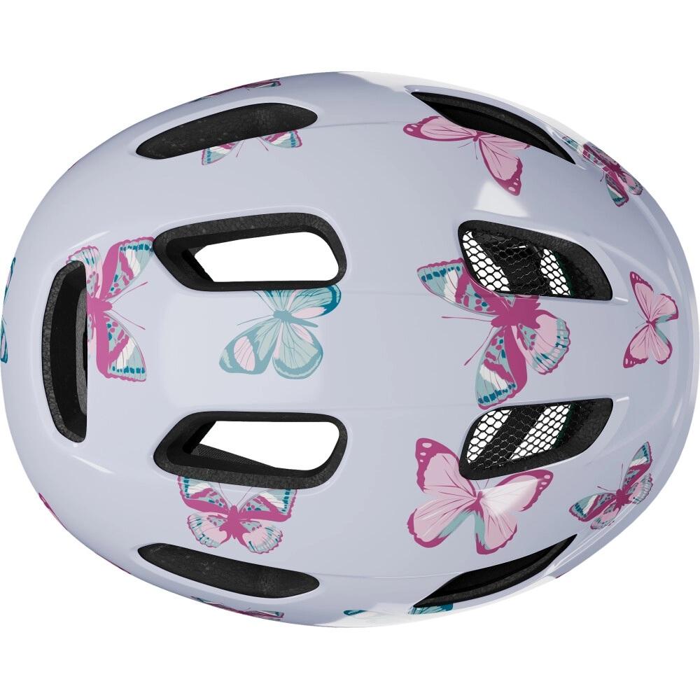 Weißer LAZER Kinder-Fahrradhelm Nutz 2.0 KinetiCore mit rosa-türkisen Schmetterlingsmotiven.