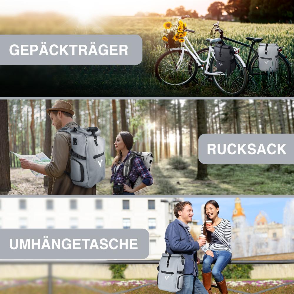 Valkental ValkPro 3in1 Fahrradtasche, wasserdicht, 22-26 Liter, Laptopfach bis 15", vollreflektierend, grau