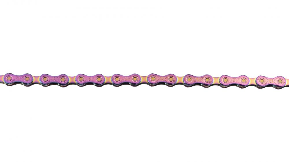 KMC X12 WAXED 12-fach Fahrradkette in Regenbogenfarben, gewachst.