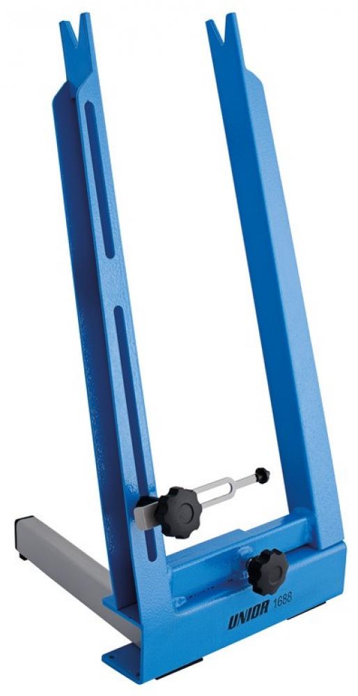Blauer Unior Zentrierständer 1688 für Fahrradräder auf weißem Hintergrund.