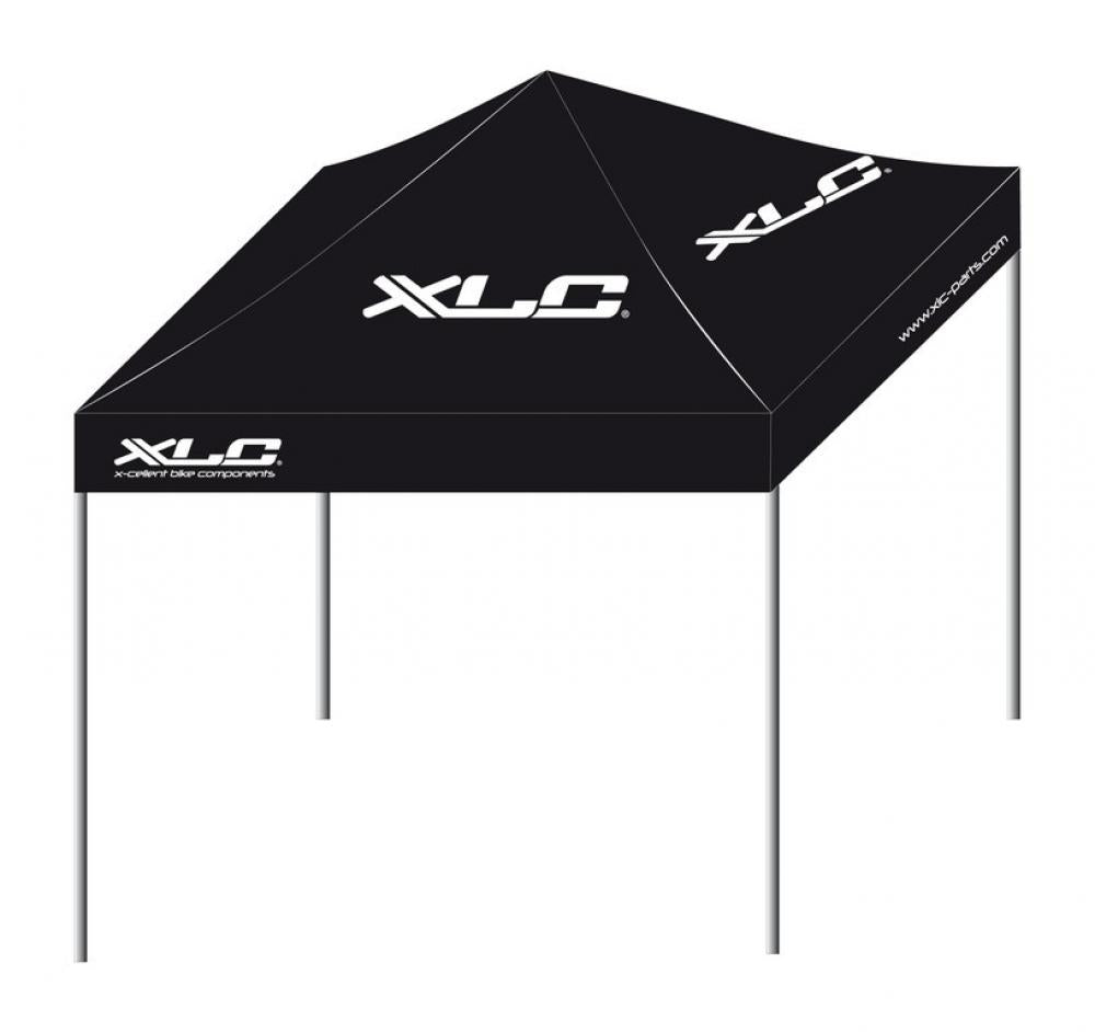 Schwarzes XLC Zelt mit weißen XLC Logos und Schriftzügen 'x-cellent bike components' und 'www.xlc-parts.com'.